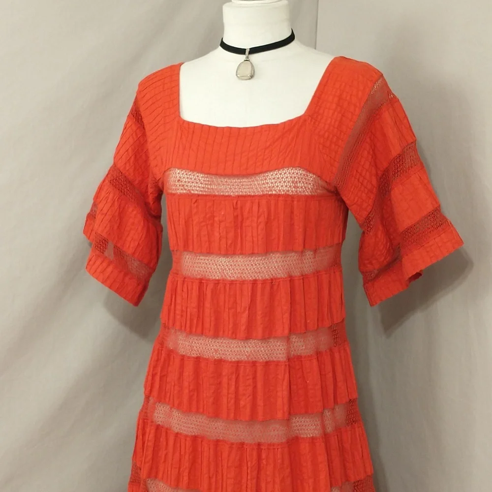 Red Mexican Wedding Dress Delicate Cotton Crochet 59" Long Traditional Fem Maxi - Picture 2 of 14